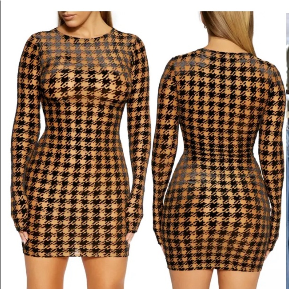 Naked Wardrobe Houndstooth Long Sleeve Minidress